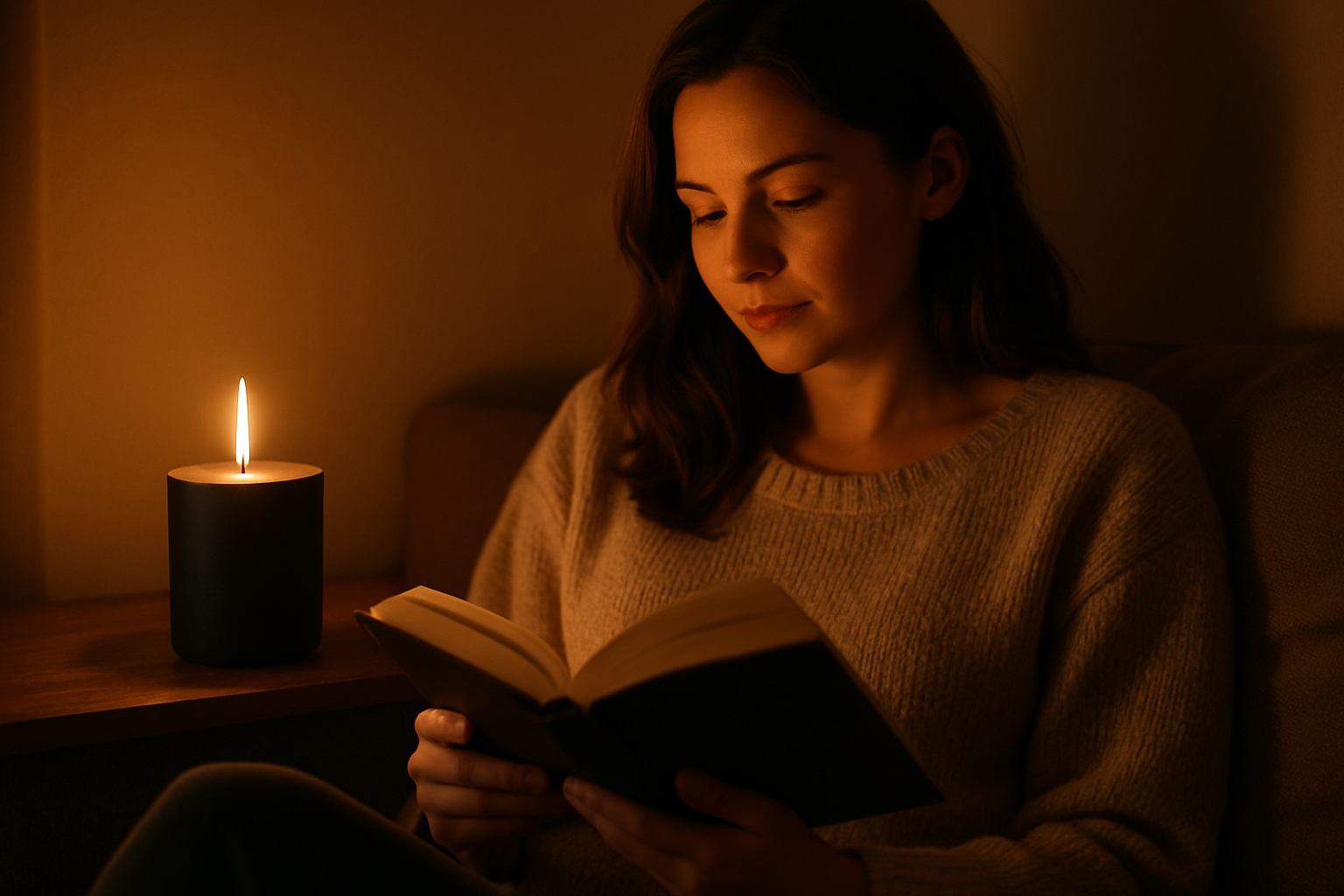 woman sitting next to a candle reading (candle has a matte black vessel